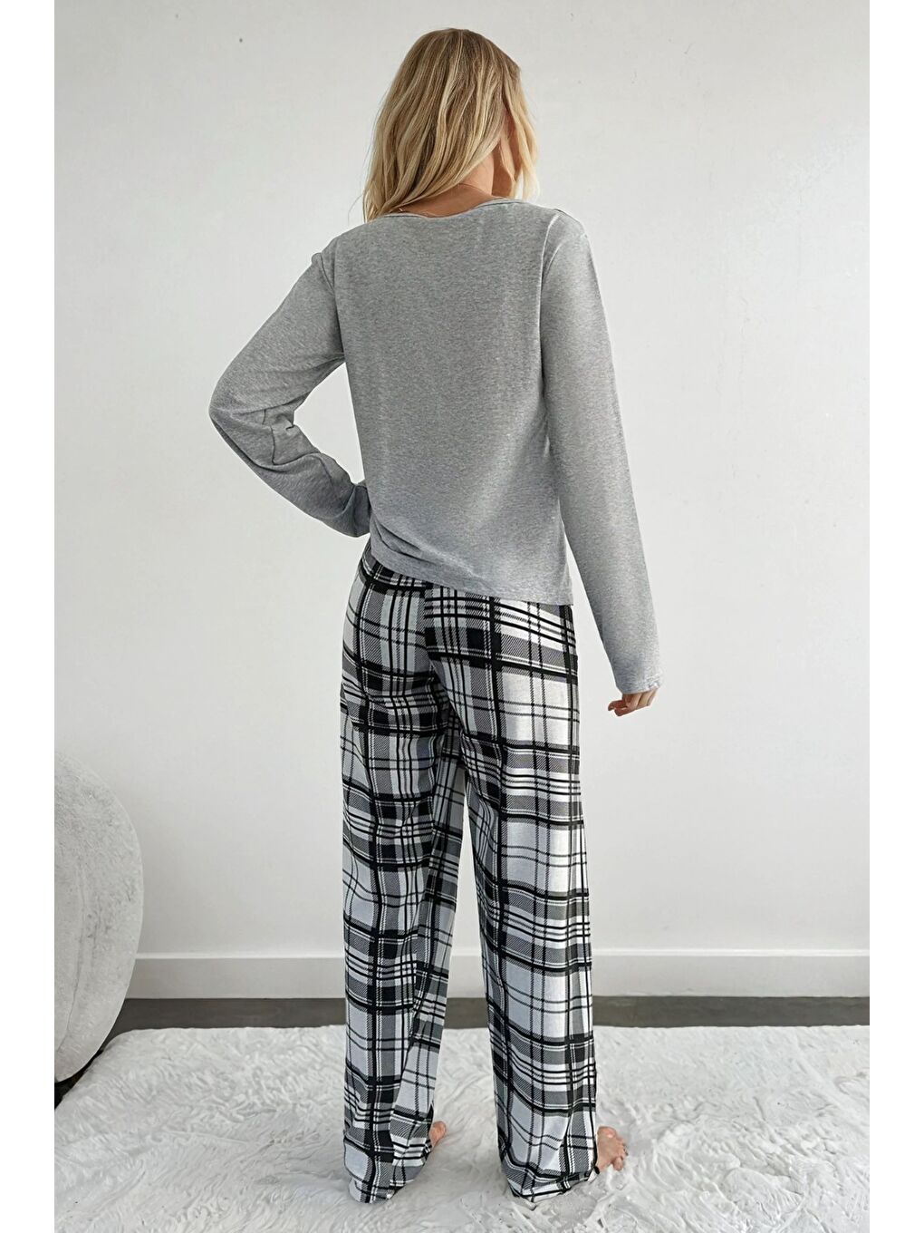 Gri Ekose Desen Kalp Detay Uzun Kol Pijama Takımı-3