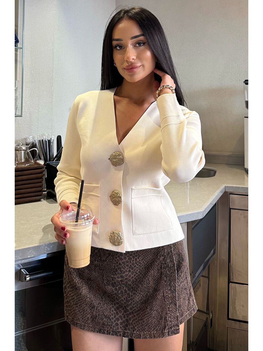 Ekru Çift Cepli Düğmeli Triko Ceket (s,m,l Uyumludur)