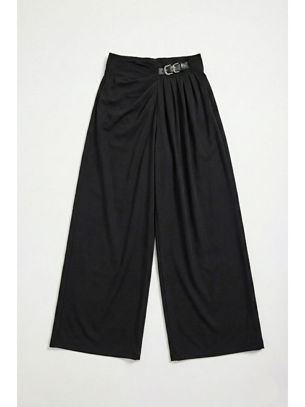 Kadın Siyah Renk Palazzo Fit Kemer Detaylı Viskon Kumaş Tasarım Pantolon-4