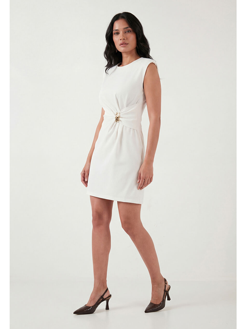 Ekru Bisiklet Yaka Kolsuz Mini Elbise 6525719-5