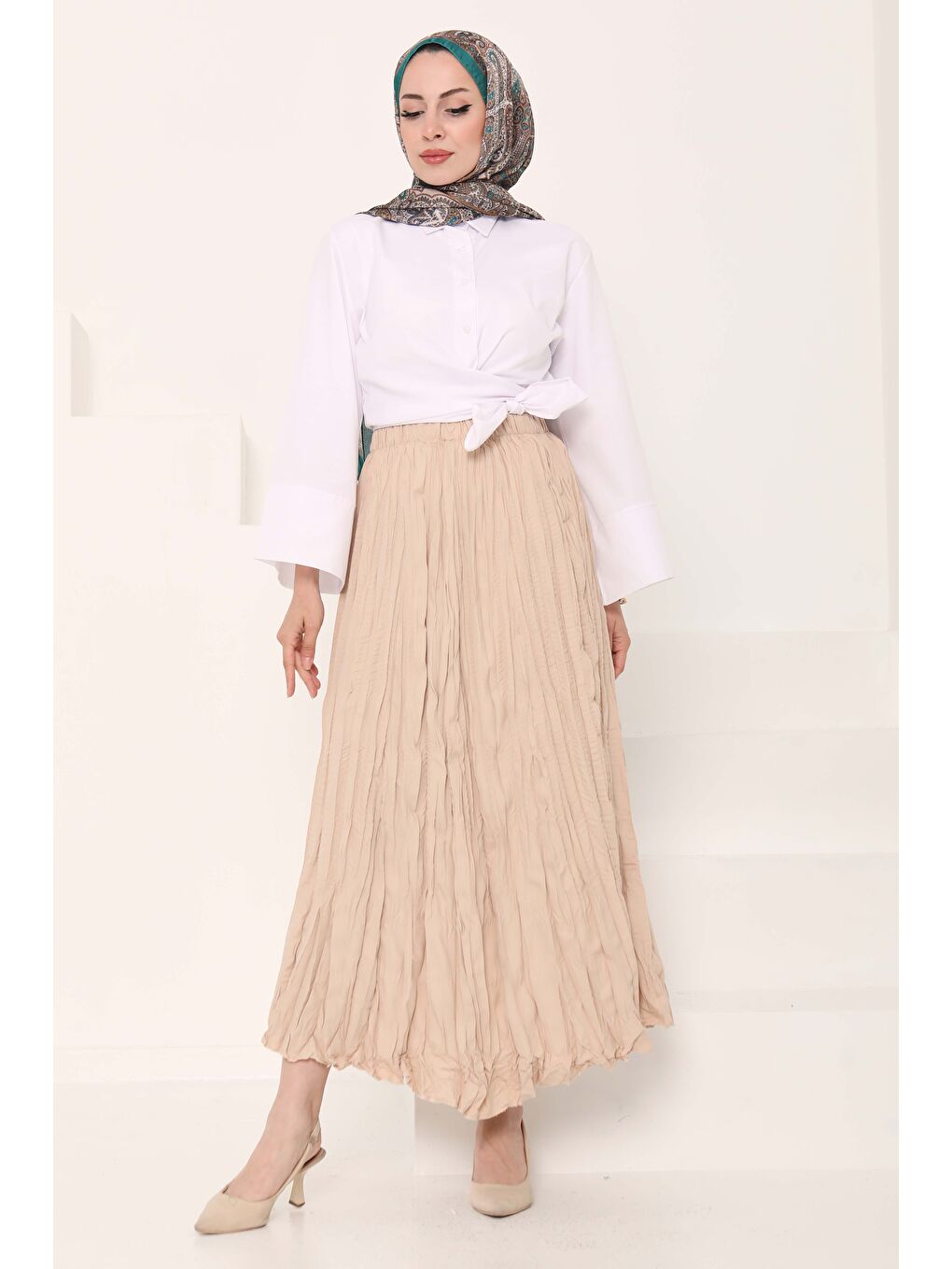 Beli Lastikli Kırışık Etek Bej - 27013-1