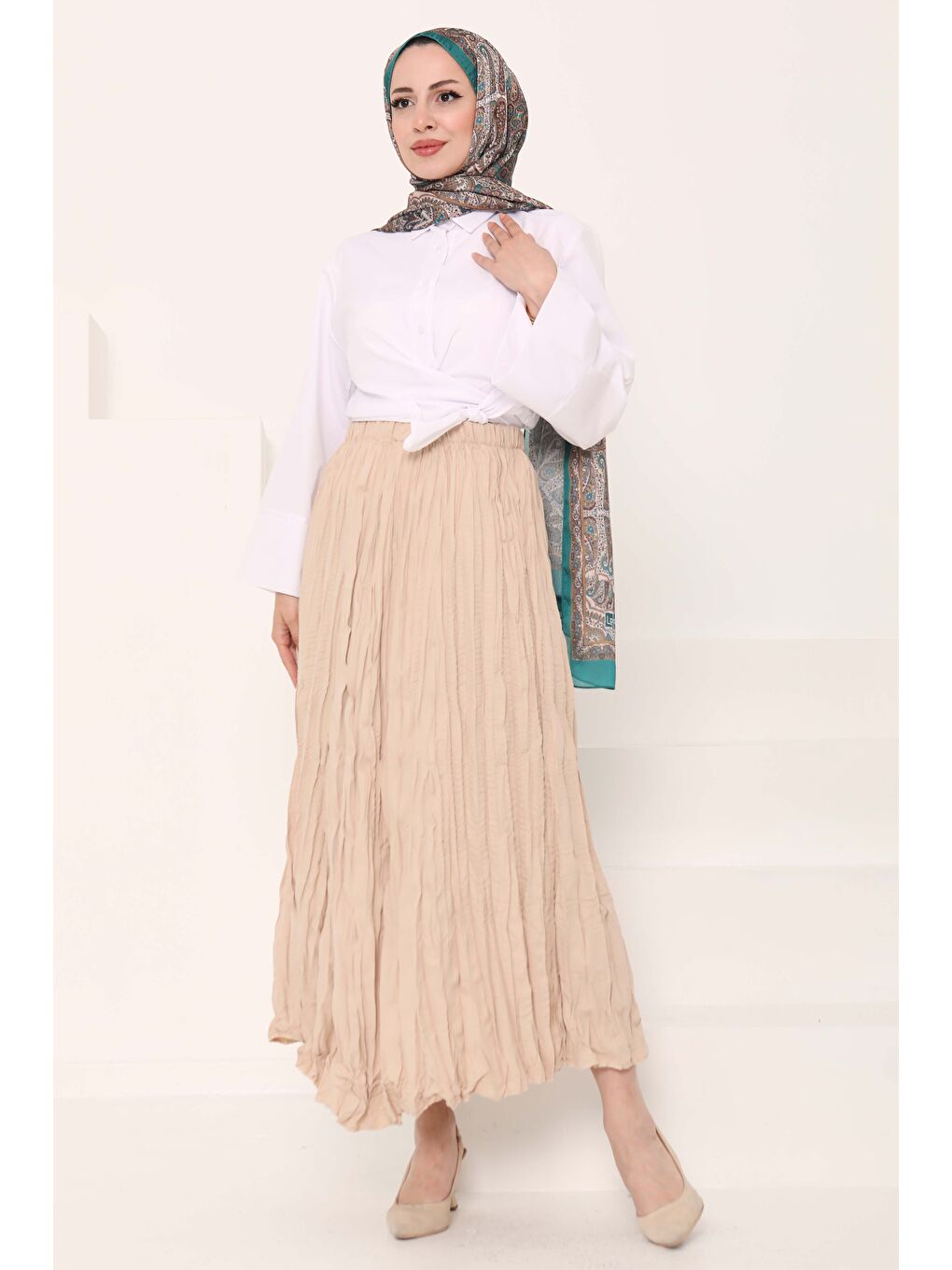 Beli Lastikli Kırışık Etek Bej - 27013-2
