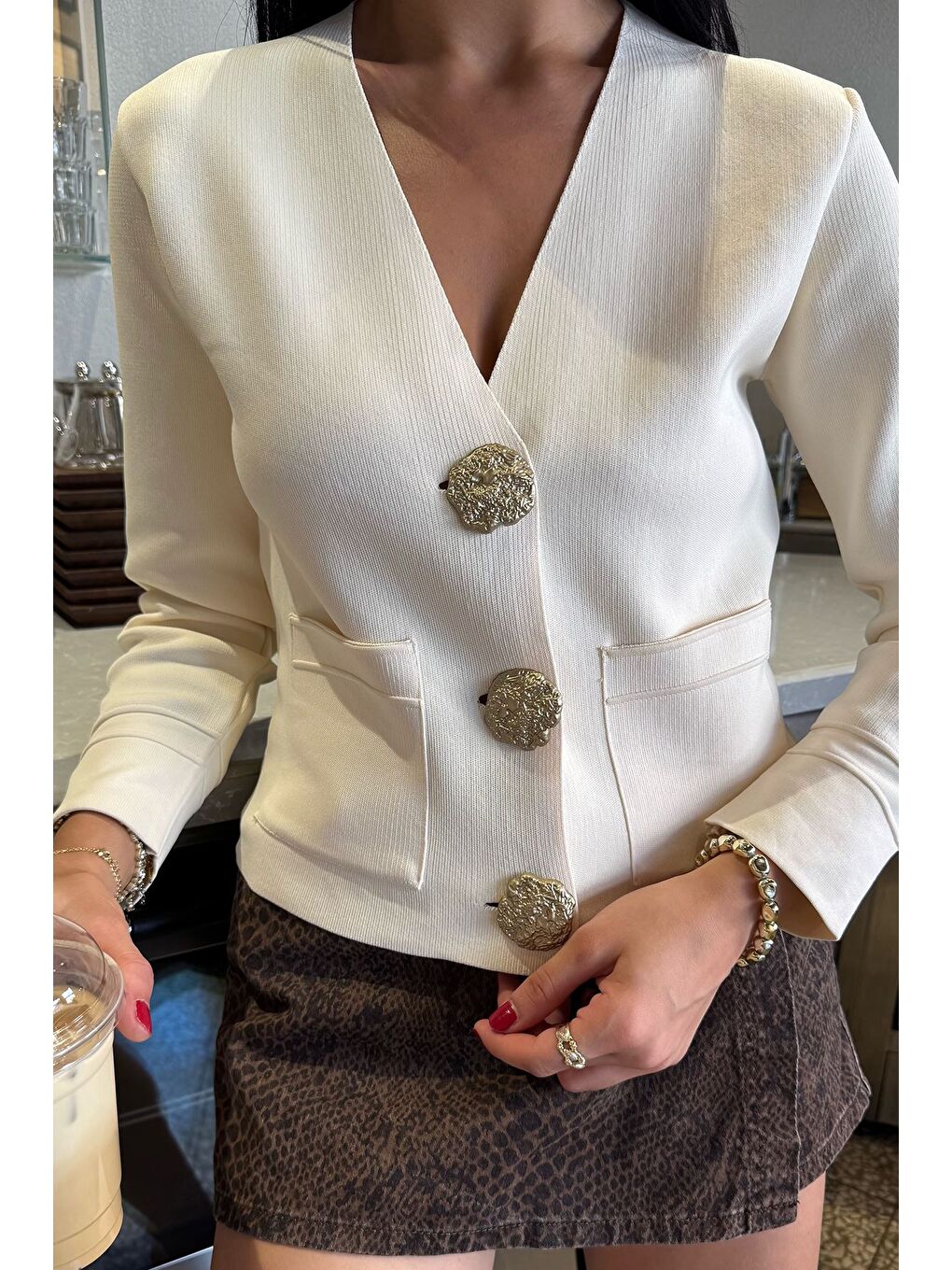 Ekru Çift Cepli Düğmeli Triko Ceket (s,m,l Uyumludur)-4