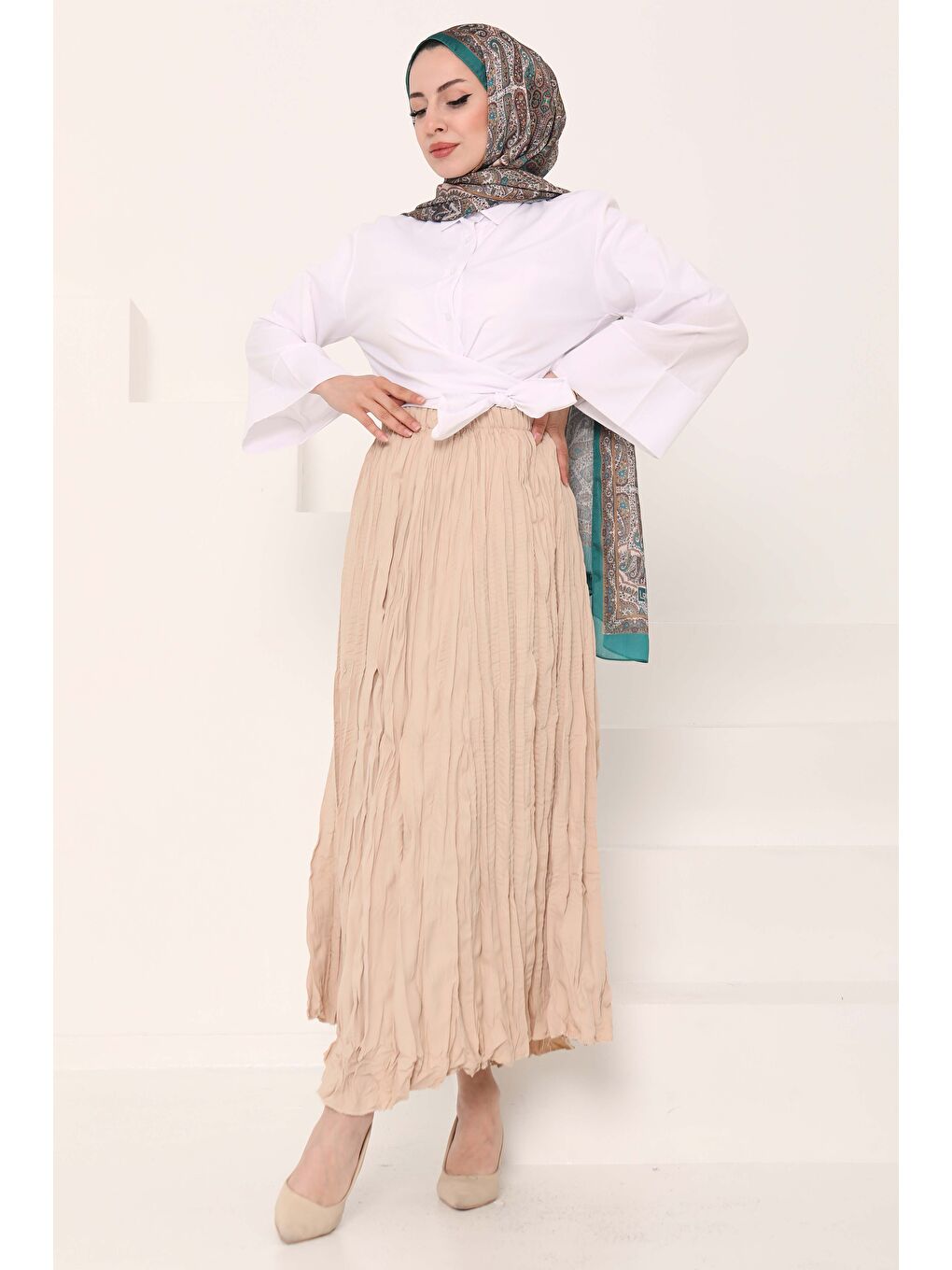 Beli Lastikli Kırışık Etek Bej - 27013-5