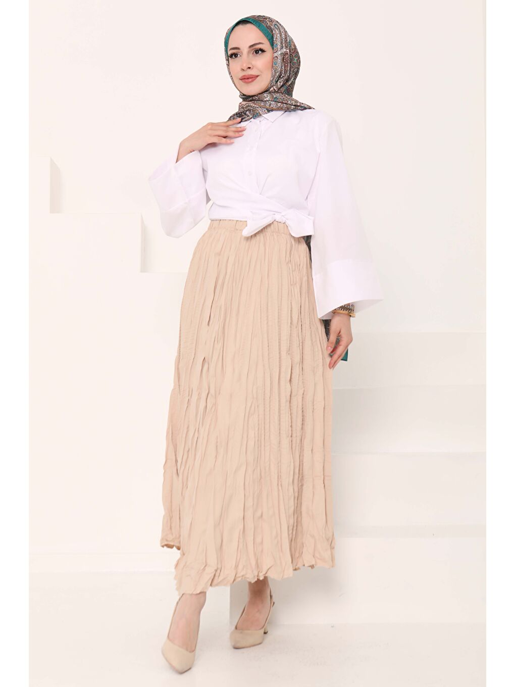 Beli Lastikli Kırışık Etek Bej - 27013-7