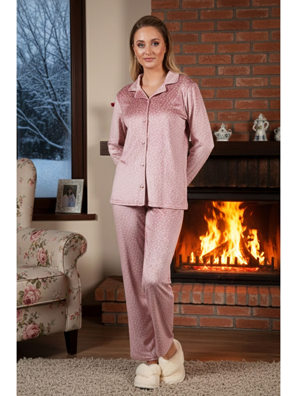 Pembe Kadın Önü Düğmeli Kadife Pijama Takımı 25361 Pudra