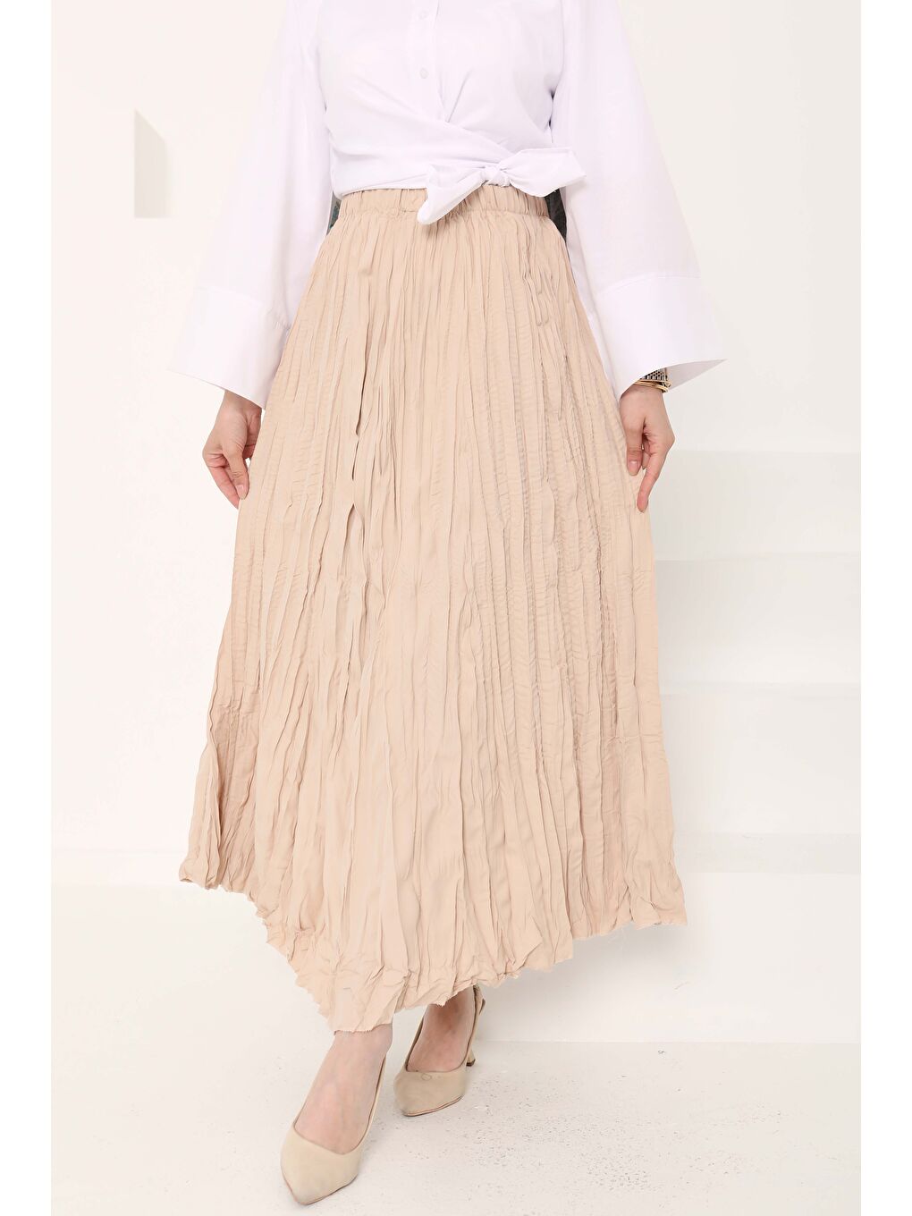 Beli Lastikli Kırışık Etek Bej - 27013-9