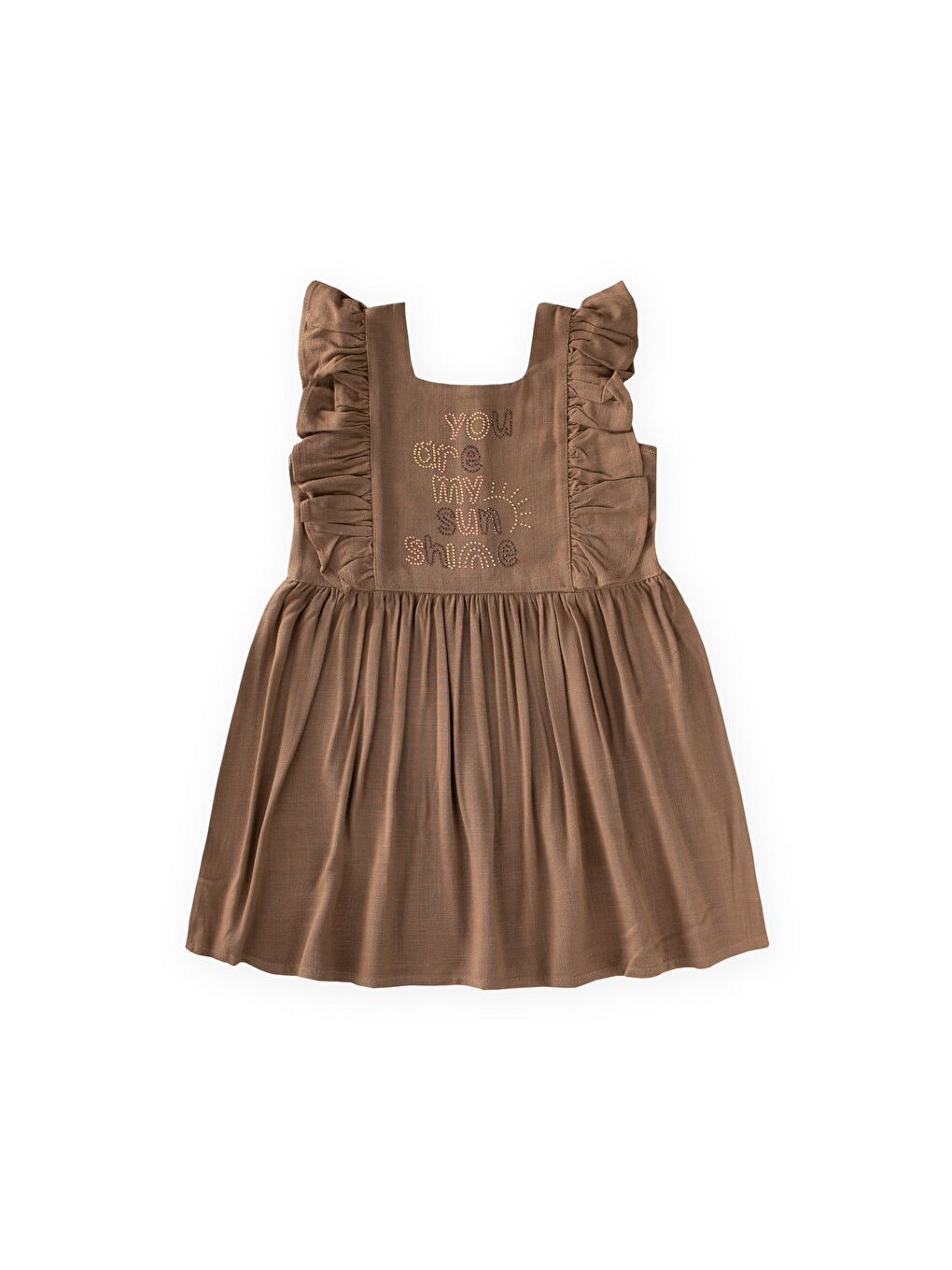 Kahverengi Kare Yaka Yazı Taşlı Keten Elbise 2-7 Yaş Caramel