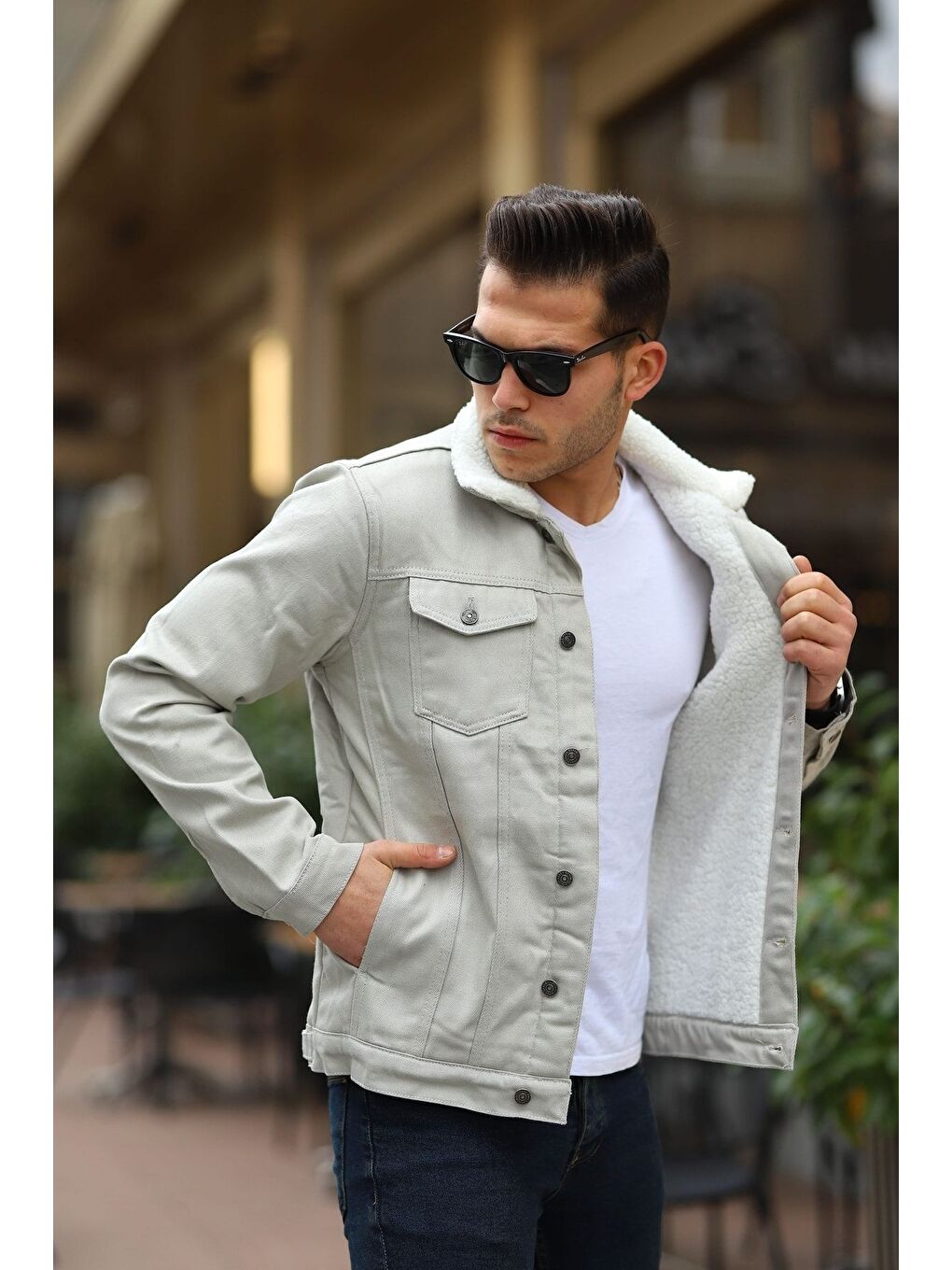 Gri Erkek Içi Kürklü Jean Ceket-2