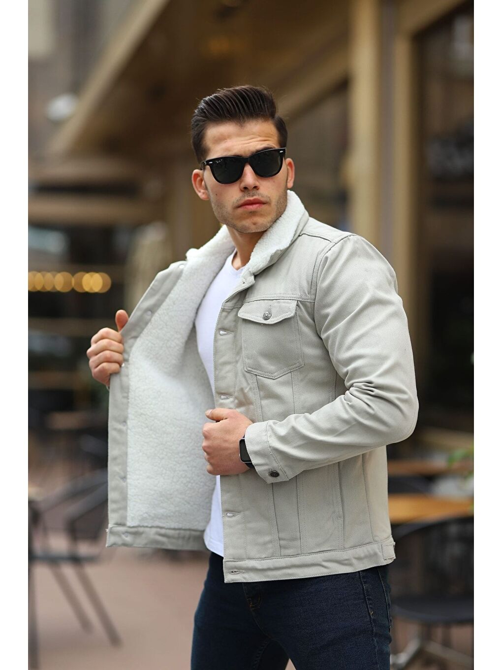 Gri Erkek Içi Kürklü Jean Ceket-3