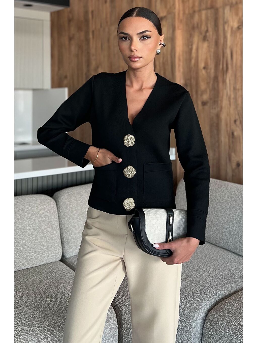 Siyah Çift Cepli Düğmeli Triko Ceket (s,m,l Uyumludur)