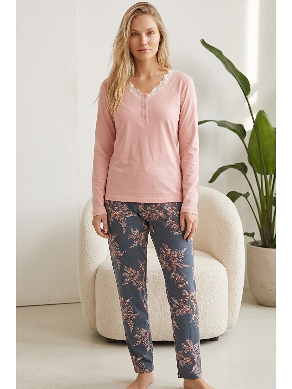 Pembe Düğmeli Pamuklu Elastanlı Örme Pijama Takım26240321-1