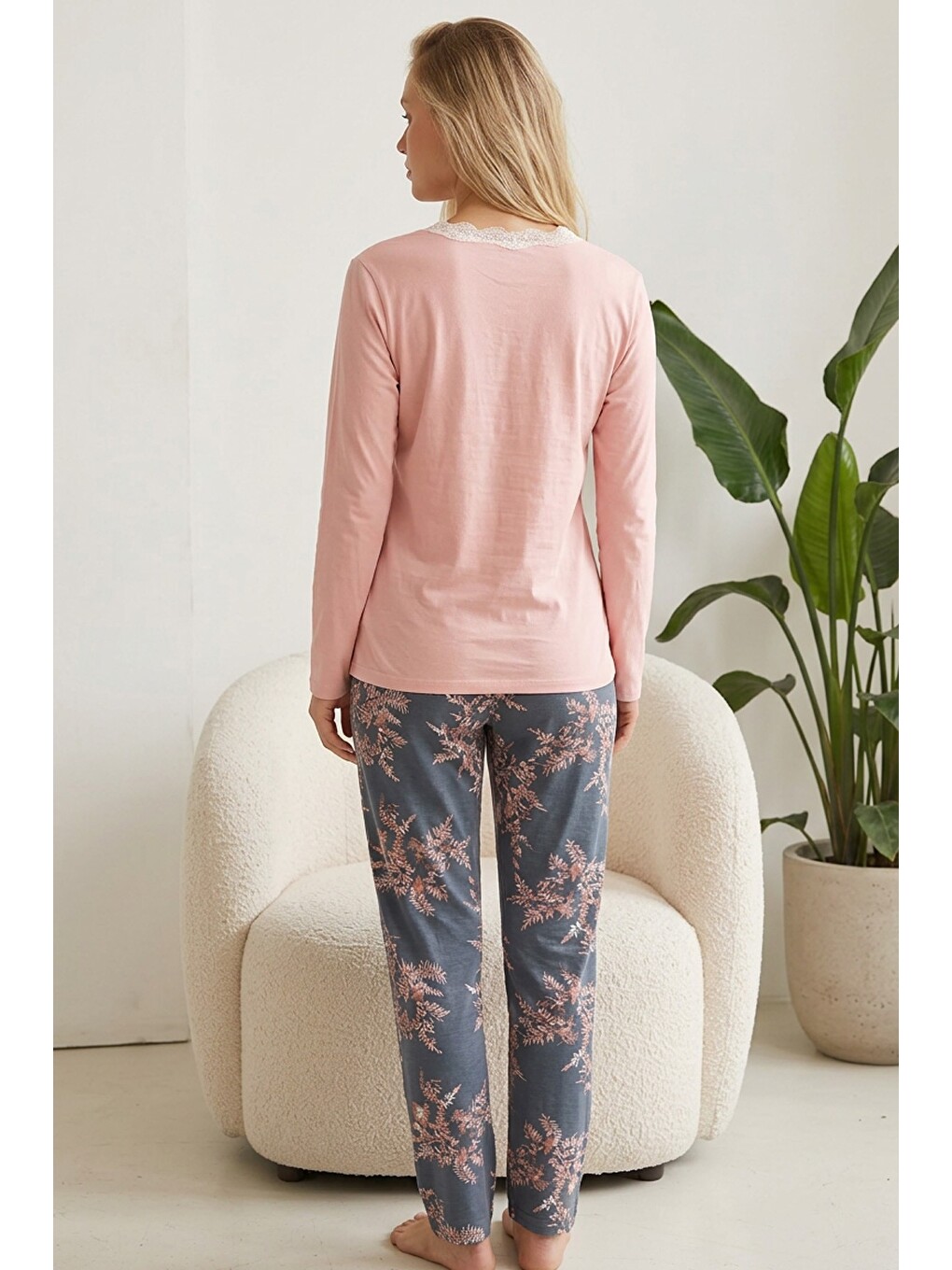 Pembe Düğmeli Pamuklu Elastanlı Örme Pijama Takım26240321-2
