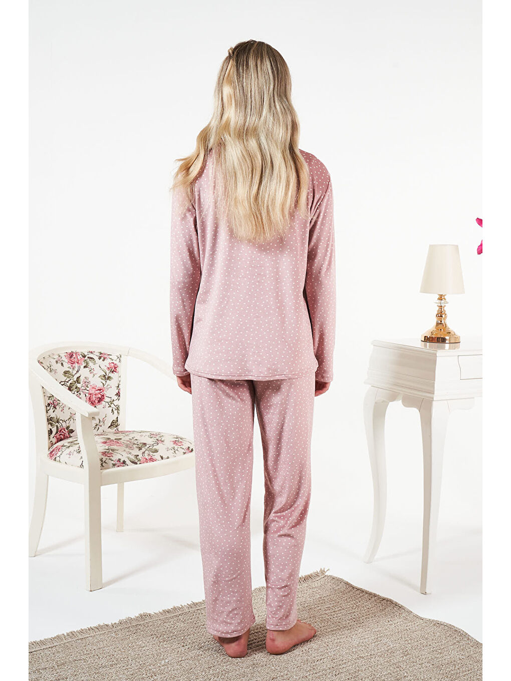 Pembe Kadın Önü Düğmeli Kadife Pijama Takımı 25361 Pudra-2
