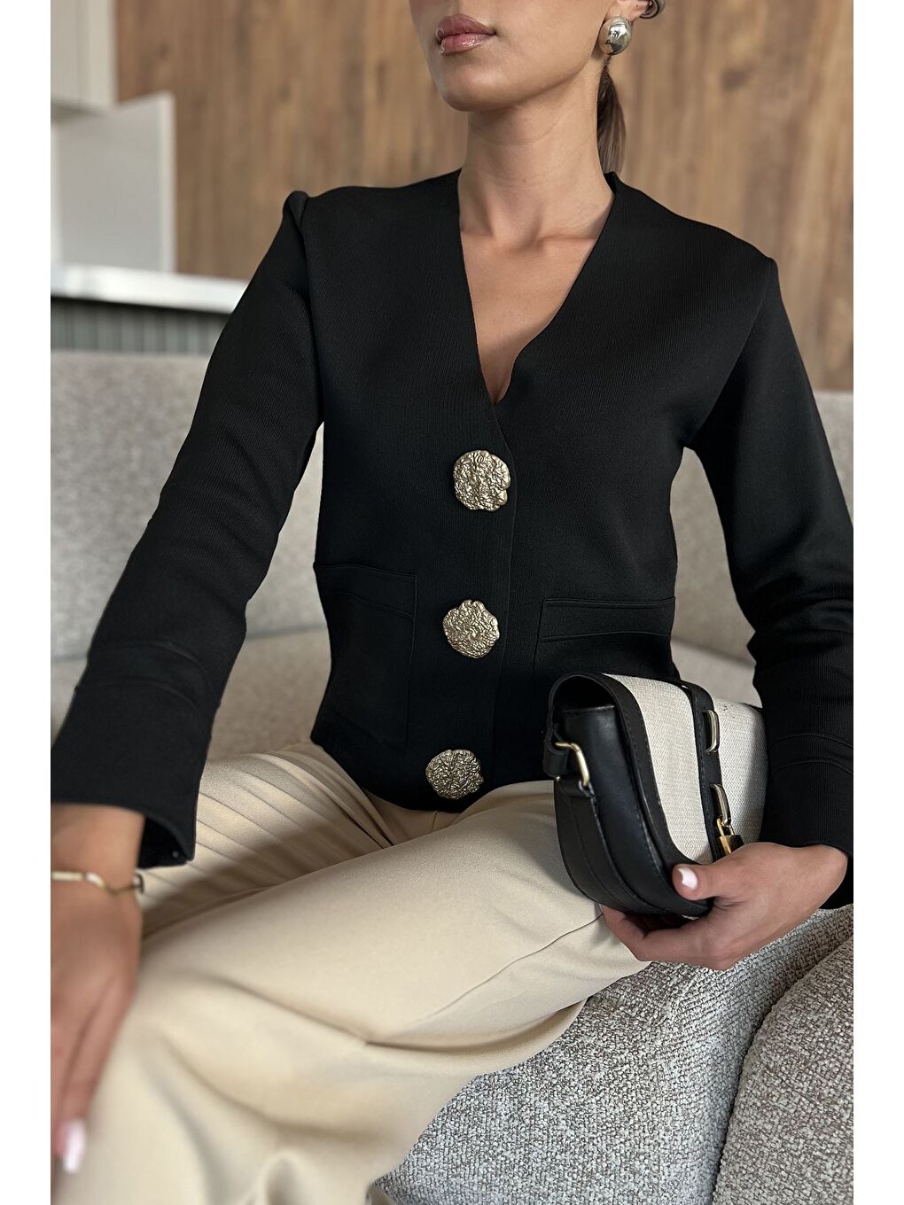 Siyah Çift Cepli Düğmeli Triko Ceket (s,m,l Uyumludur)-1