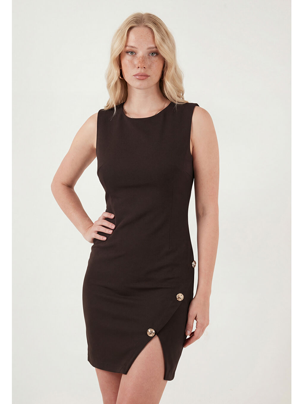 Kahverengi Bisiklet Yaka Mini Yırtmaç Detaylı Elbise 6525717-4