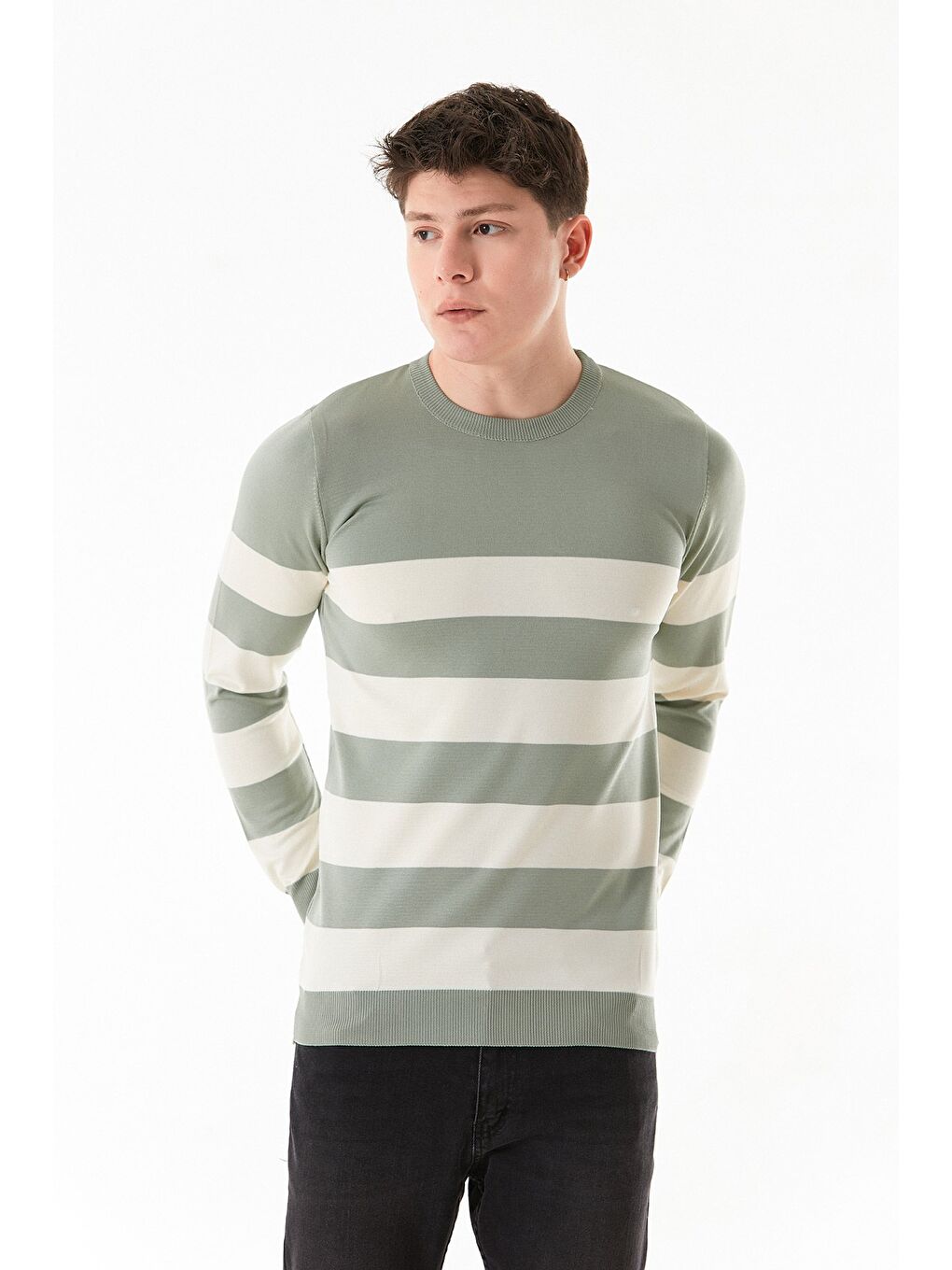 Turkuaz Çizgili Bisiklet Yaka Triko Kazak