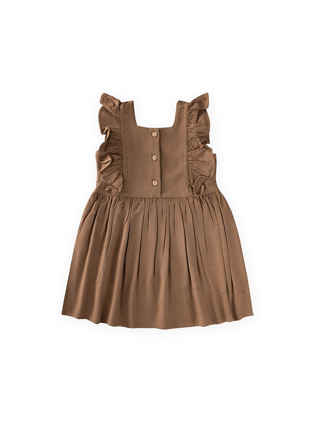 Kahverengi Kare Yaka Yazı Taşlı Keten Elbise 2-7 Yaş Caramel-1