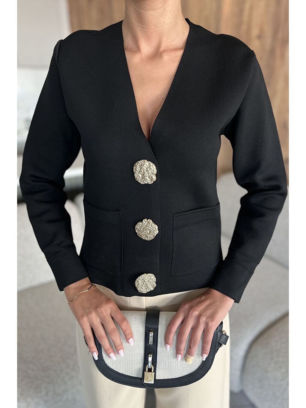 Siyah Çift Cepli Düğmeli Triko Ceket (s,m,l Uyumludur)-2