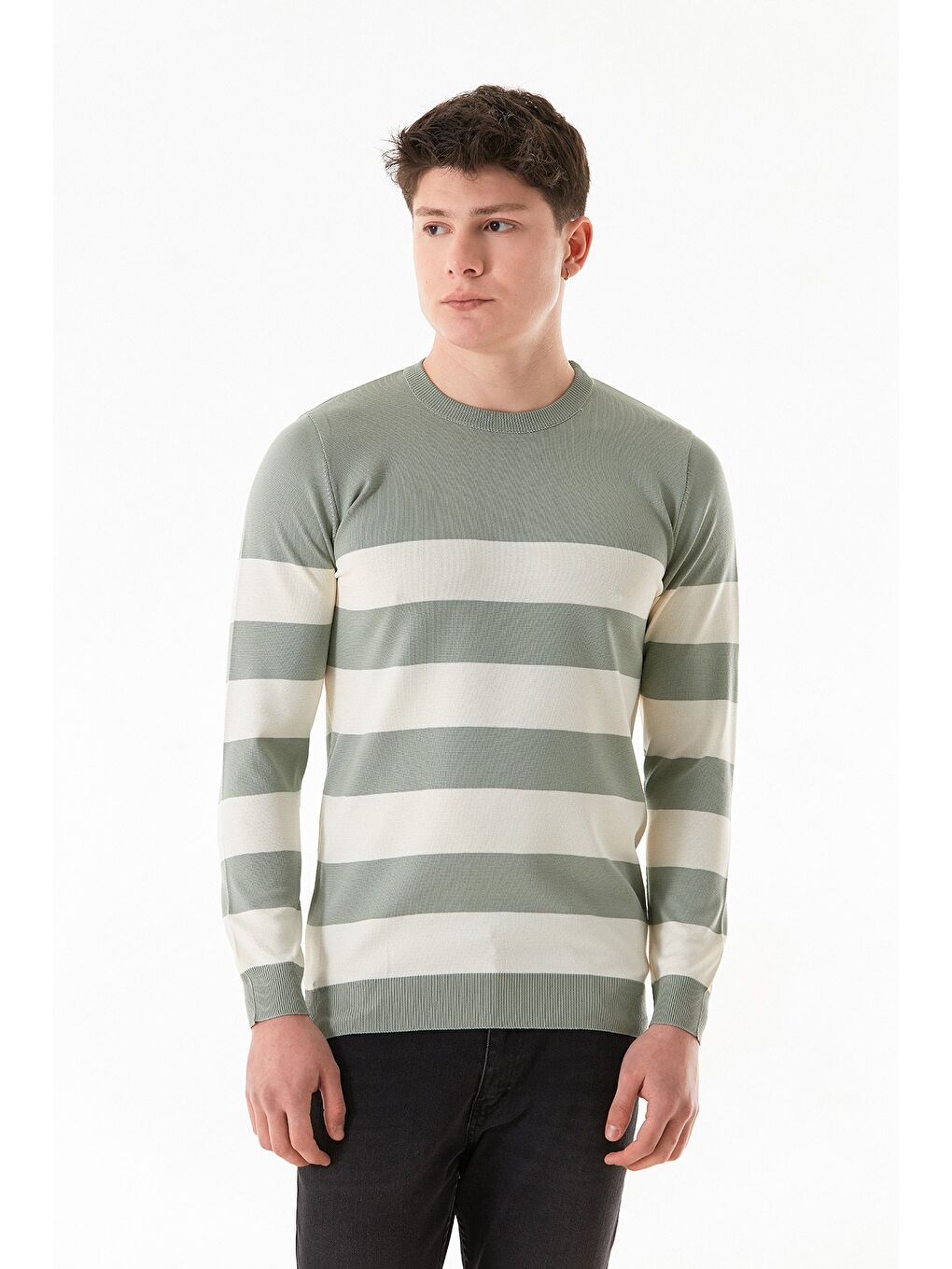 Turkuaz Çizgili Bisiklet Yaka Triko Kazak-2