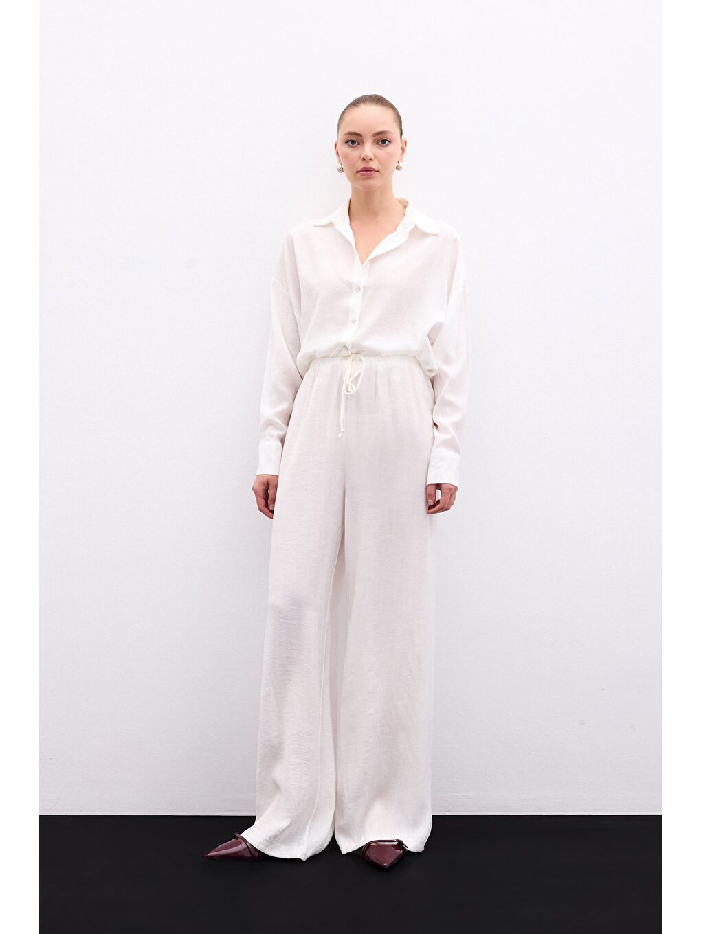 Bel Lastikli Pantolon - Ekru-1