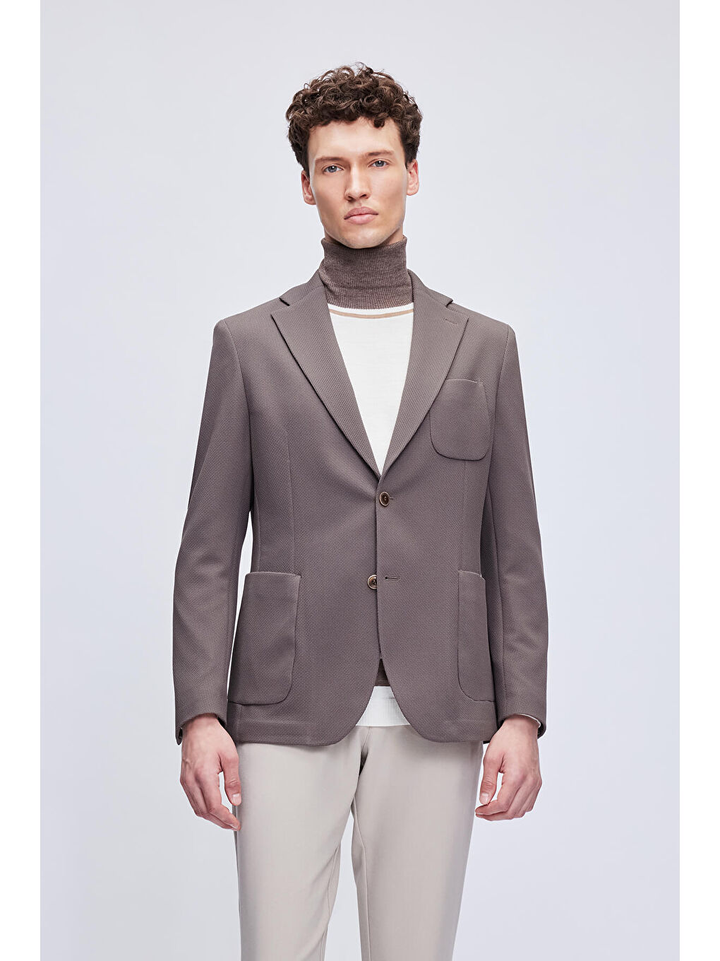 Kahverengi Comfort Fit Desenli Mono Yaka Klasik Ceket