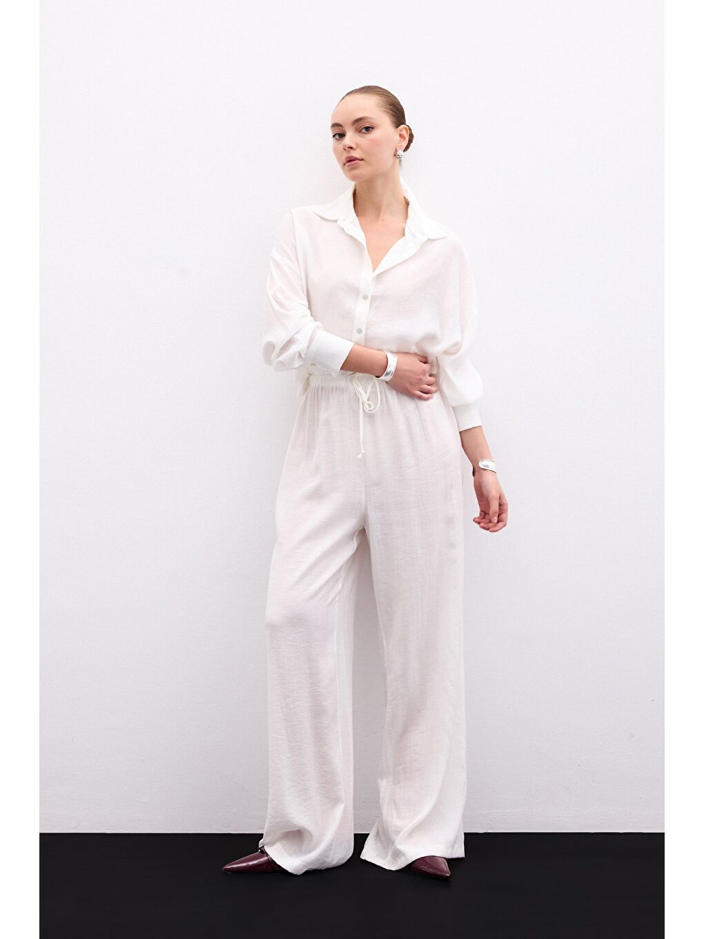 Bel Lastikli Pantolon - Ekru-2