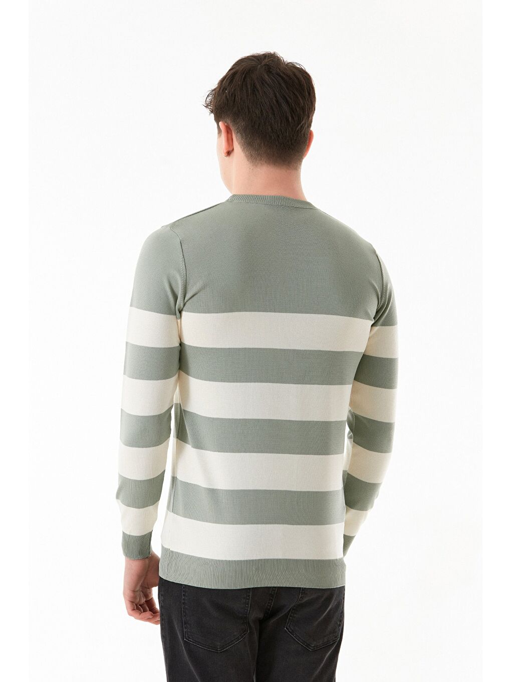 Turkuaz Çizgili Bisiklet Yaka Triko Kazak-3