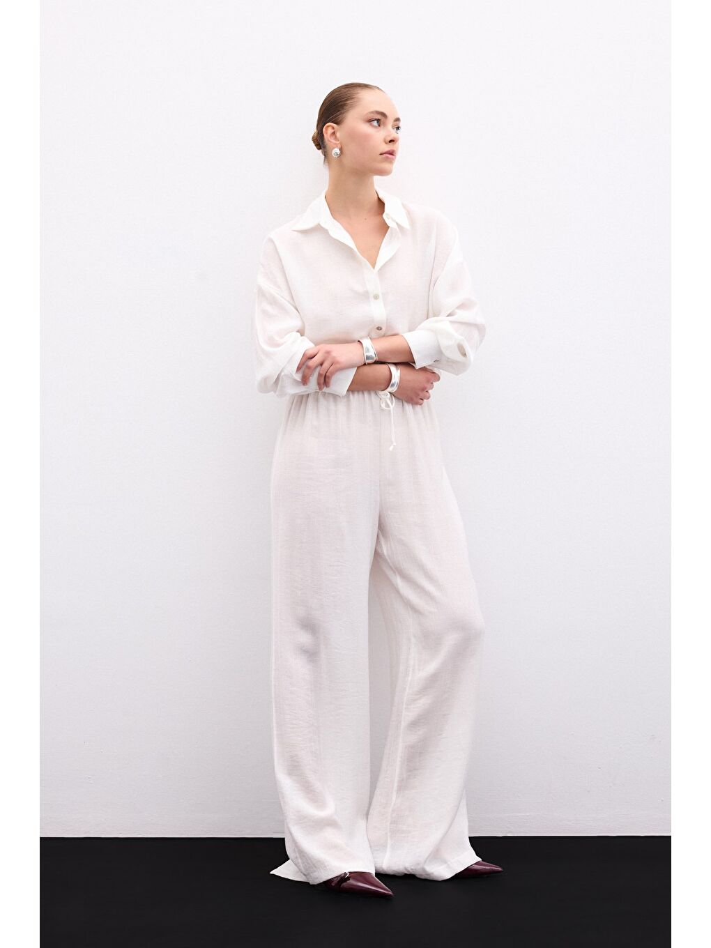 Bel Lastikli Pantolon - Ekru-3