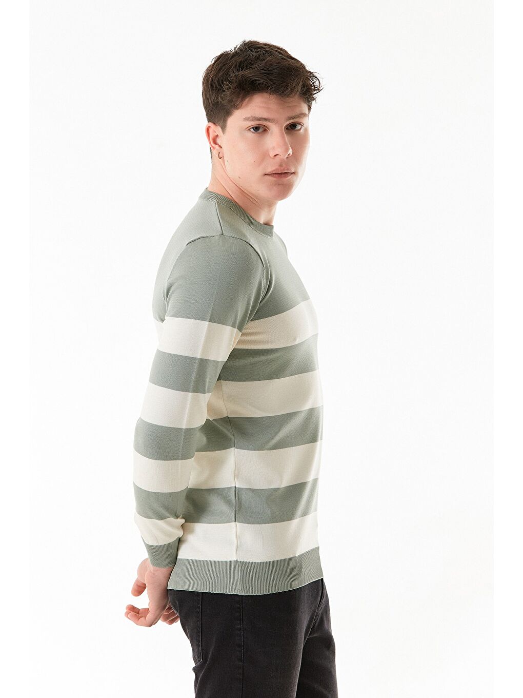 Turkuaz Çizgili Bisiklet Yaka Triko Kazak-4