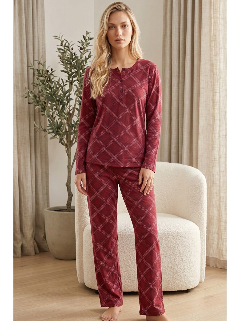Bordo Düğmeli Pamuklu Elastanlı Bisiklet Yaka Örme Pijama Takım26240289-1