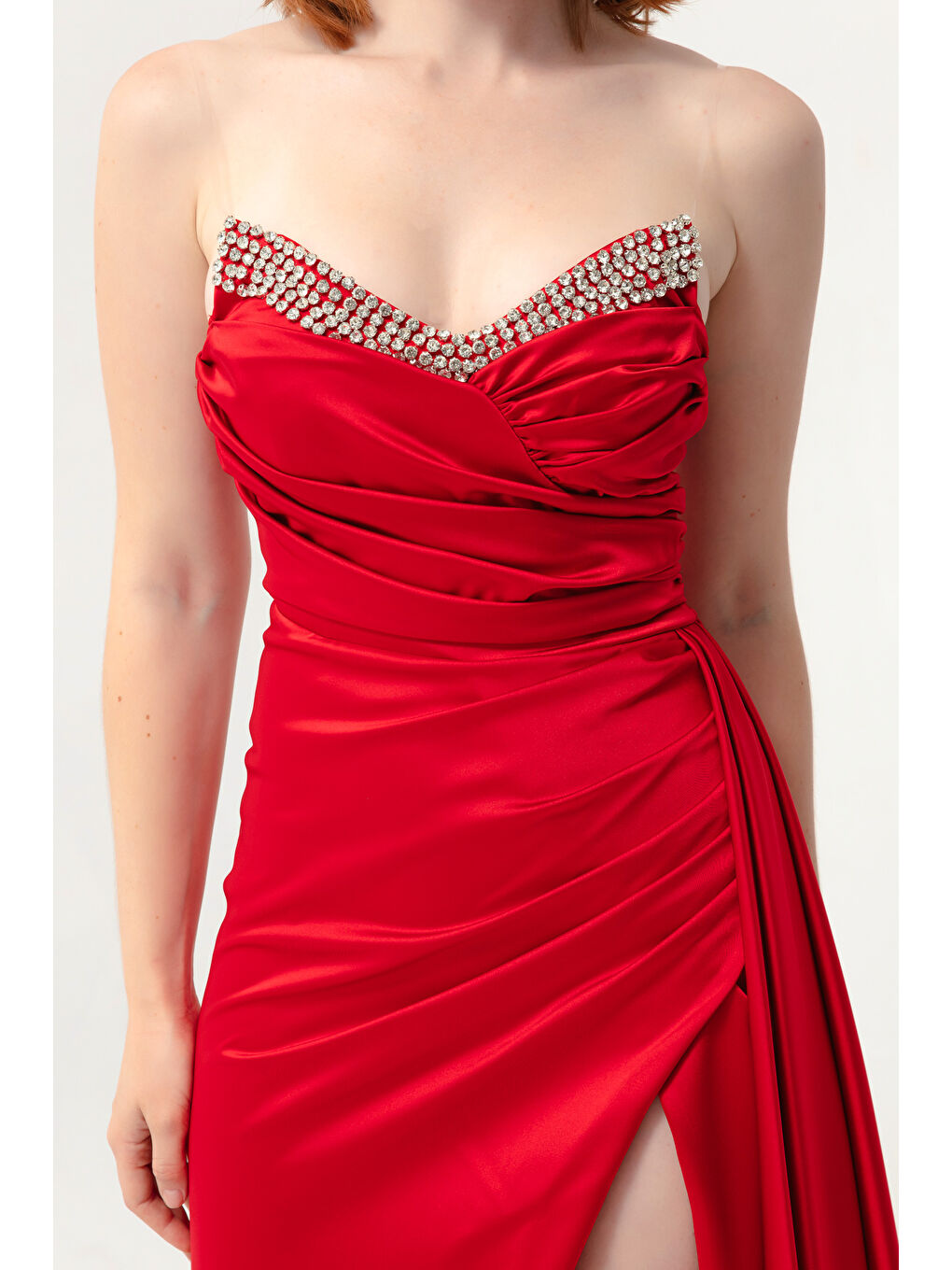 Kadın Kırmızı Göğüs Taşlı Uzun Abiye Elbise-1
