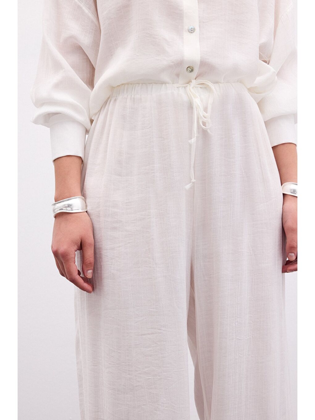Bel Lastikli Pantolon - Ekru-5