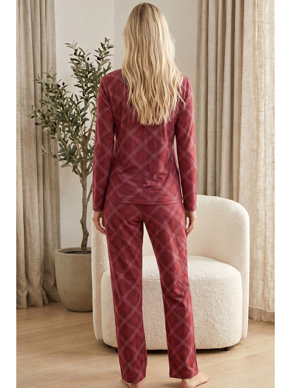 Bordo Düğmeli Pamuklu Elastanlı Bisiklet Yaka Örme Pijama Takım26240289-2