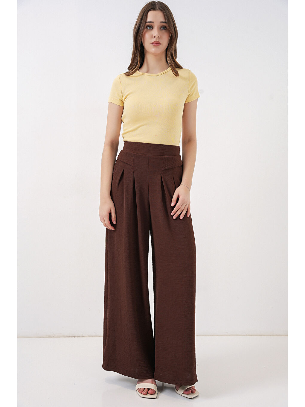 Kadın Geniş Paça Pileli Pantolon 6718 - Kahverengi-2