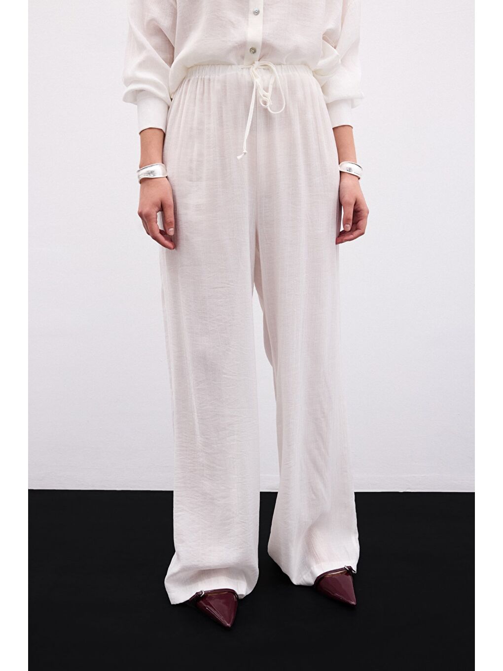 Bel Lastikli Pantolon - Ekru-6