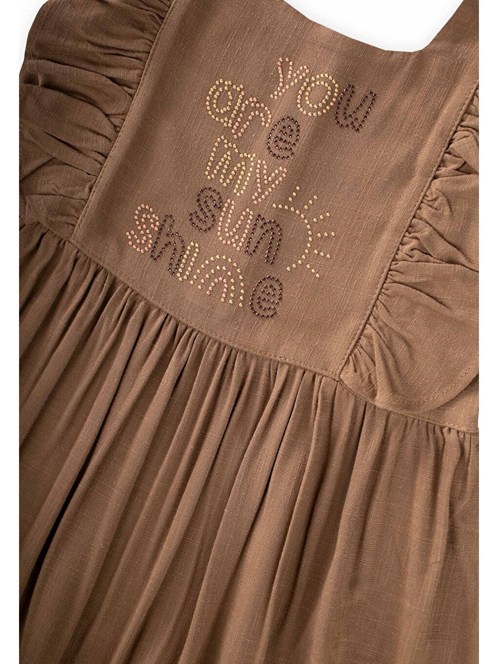 Kahverengi Kare Yaka Yazı Taşlı Keten Elbise 2-7 Yaş Caramel-2