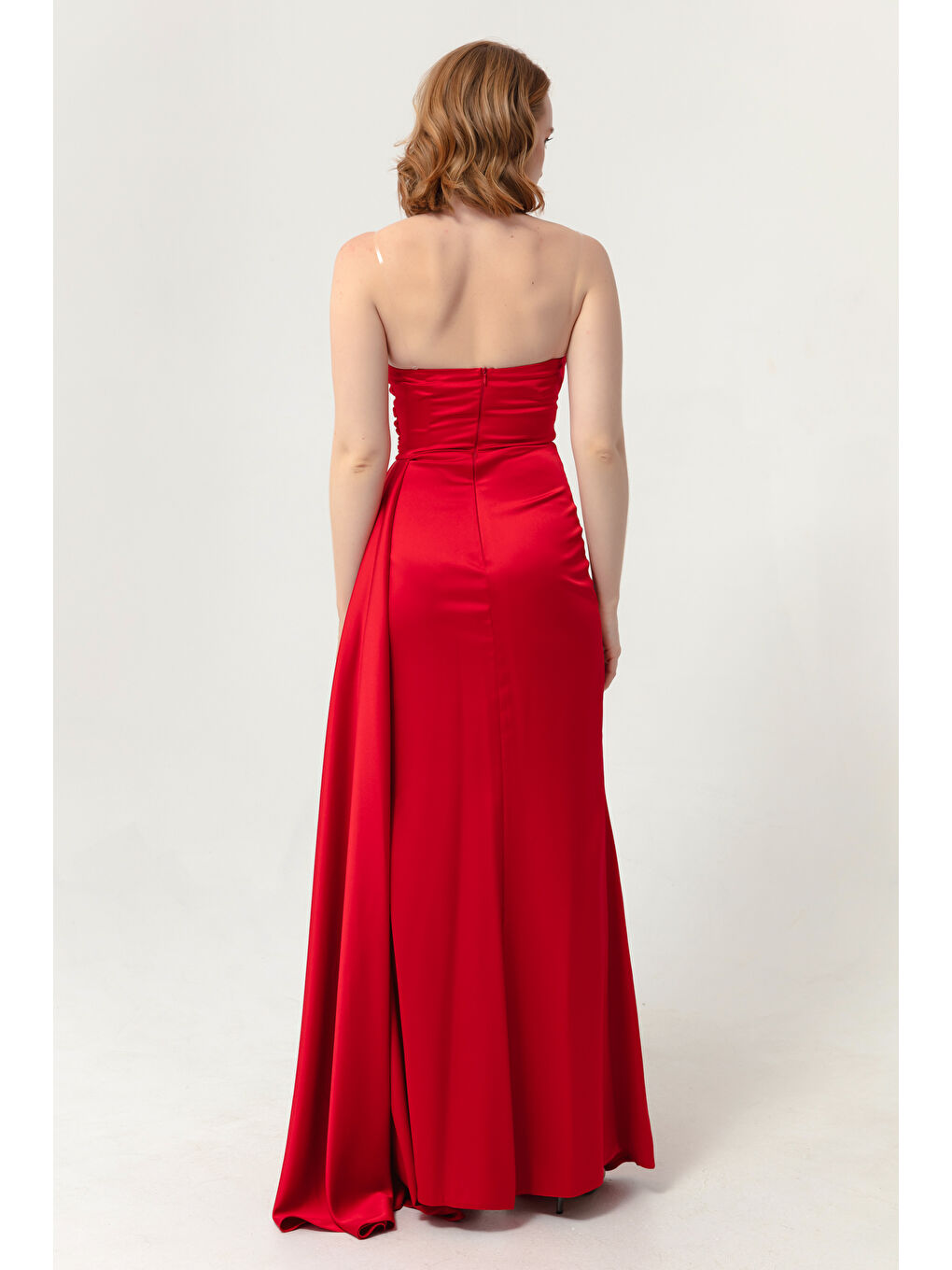 Kadın Kırmızı Göğüs Taşlı Uzun Abiye Elbise-4