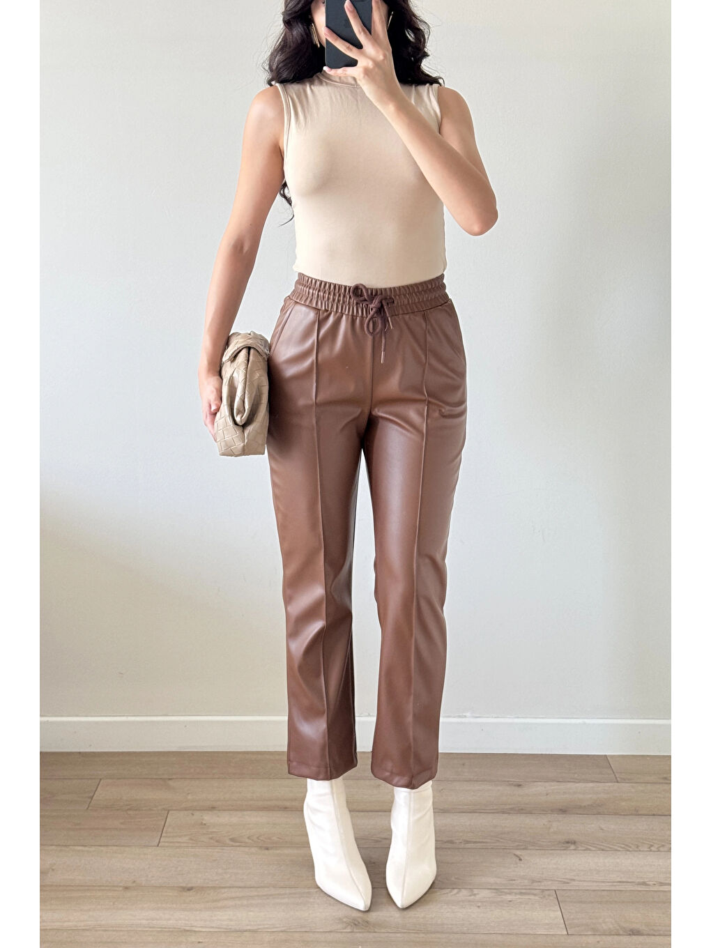 Kahverengi Kadın Kahve Lastikli Çımalı Deri Pantolon 30322-3