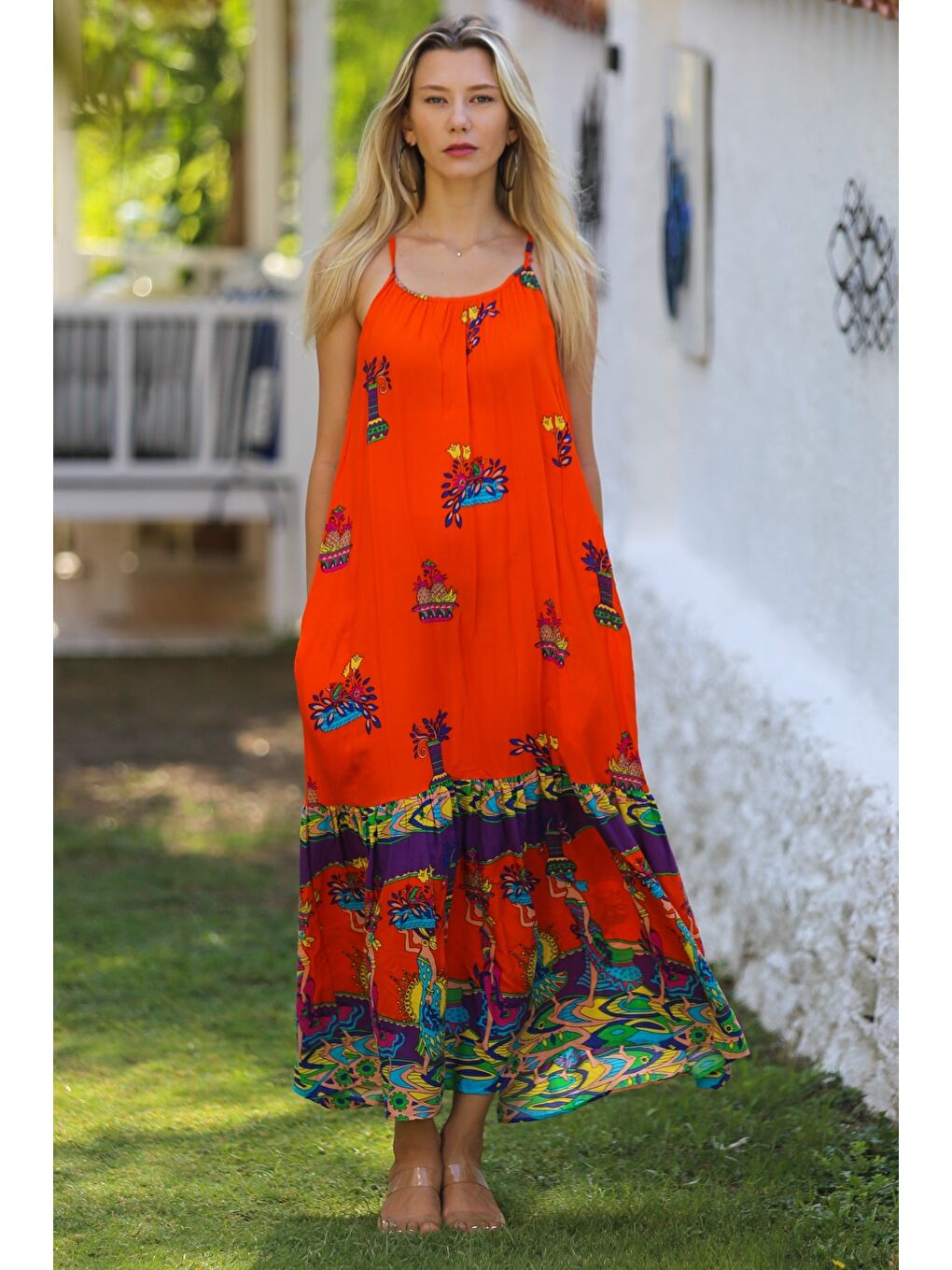 Turuncu Askılı Eteği Fırfırlı Allover Baskılı Dokuma Casual Elbise-1