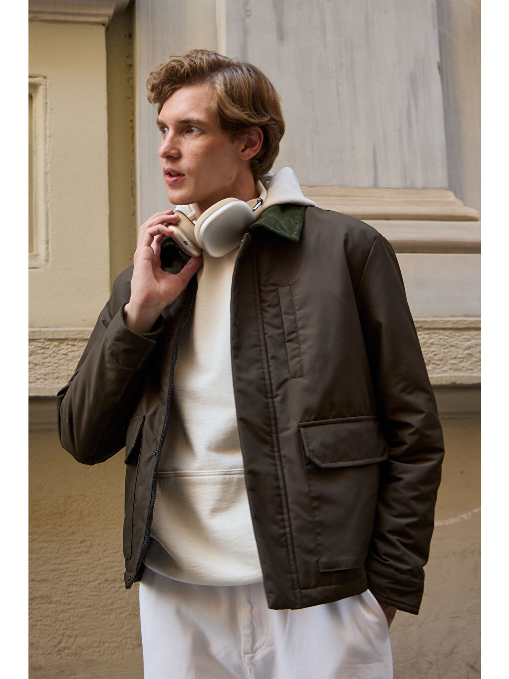 Erkek Kontrast Yakalı Mont Ceket Haki