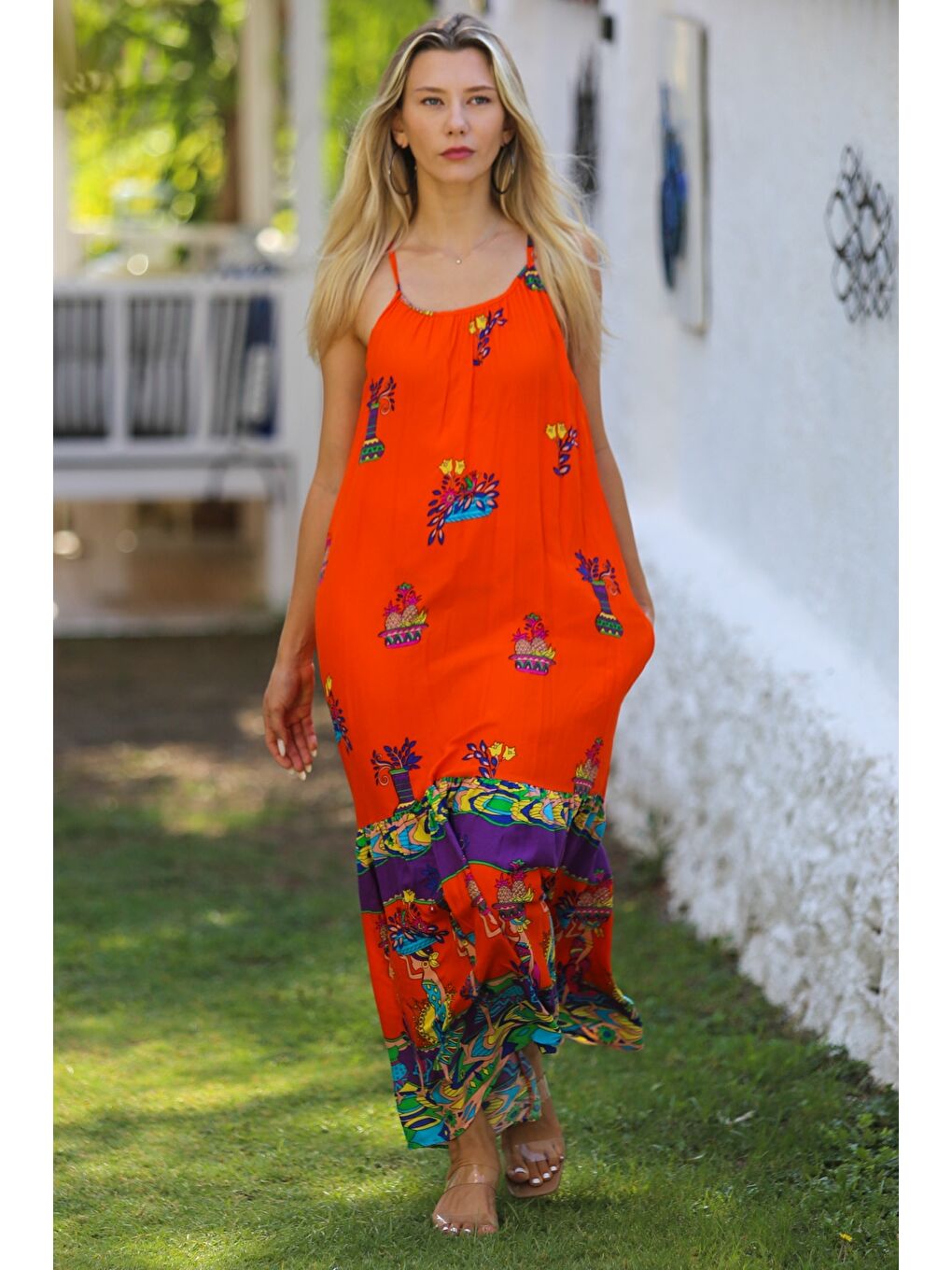 Turuncu Askılı Eteği Fırfırlı Allover Baskılı Dokuma Casual Elbise-2