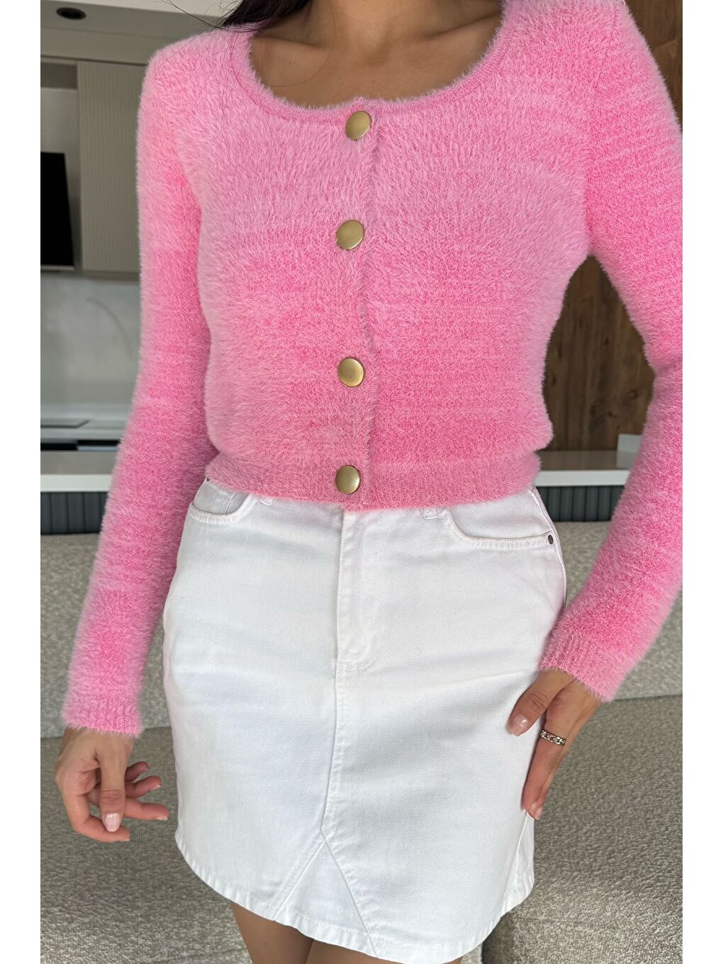 Pembe Şardonlu Kadın Crop Top Triko Hırka (s,m,l,xl Uyumludur)-1