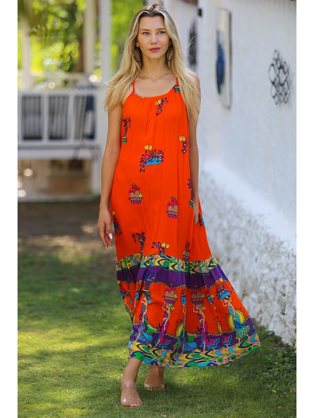 Turuncu Askılı Eteği Fırfırlı Allover Baskılı Dokuma Casual Elbise-3