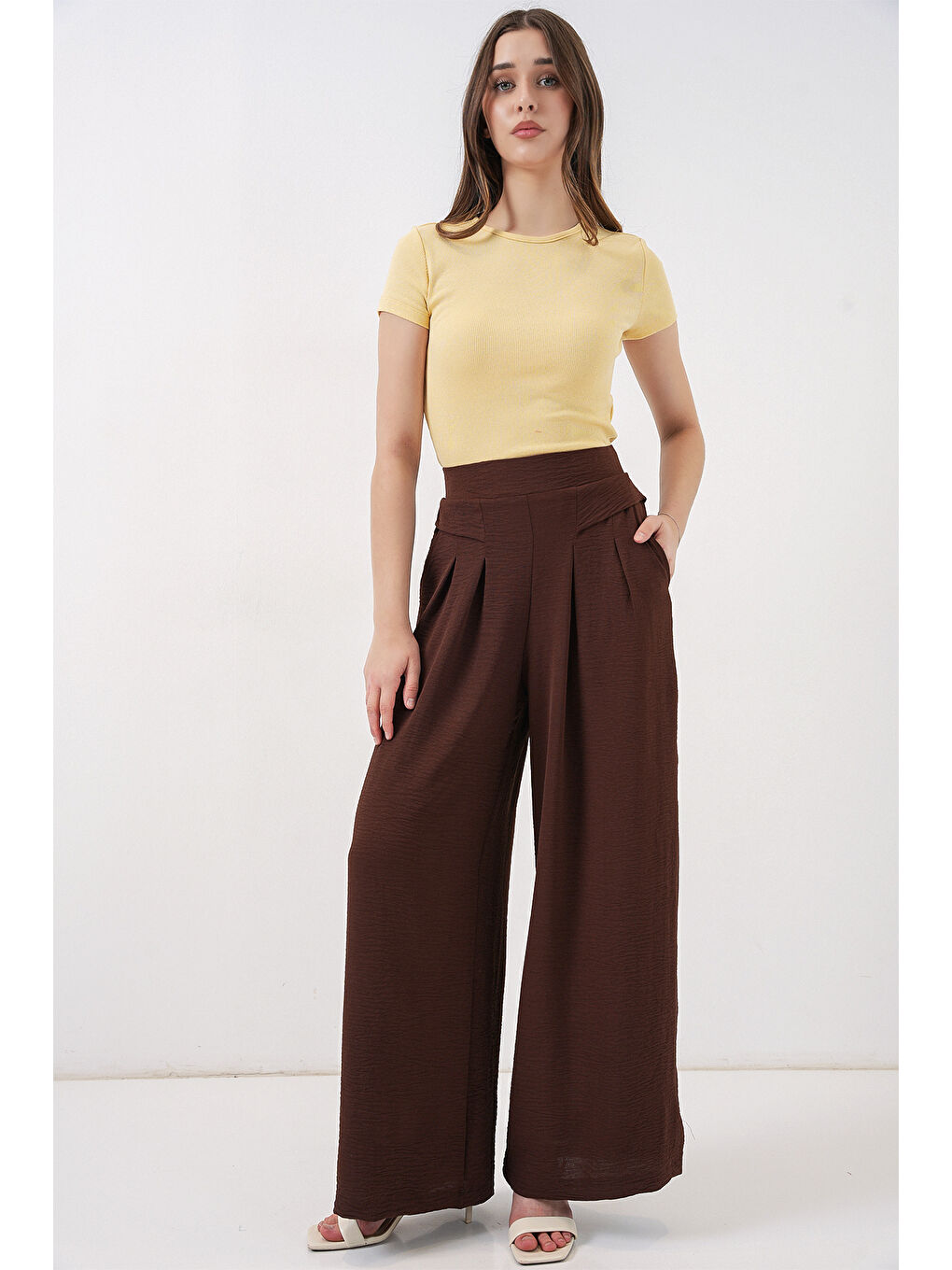 Kadın Geniş Paça Pileli Pantolon 6718 - Kahverengi-4