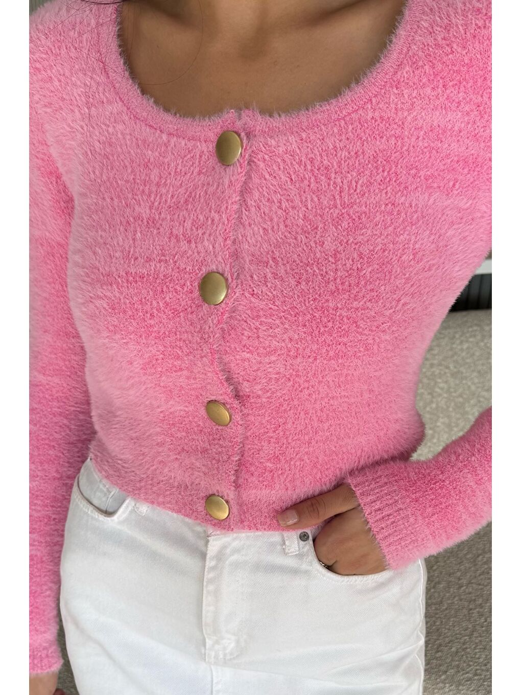 Pembe Şardonlu Kadın Crop Top Triko Hırka (s,m,l,xl Uyumludur)-2