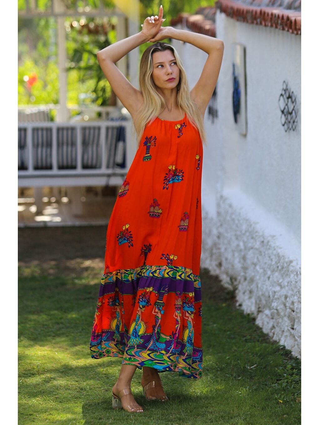 Turuncu Askılı Eteği Fırfırlı Allover Baskılı Dokuma Casual Elbise-5