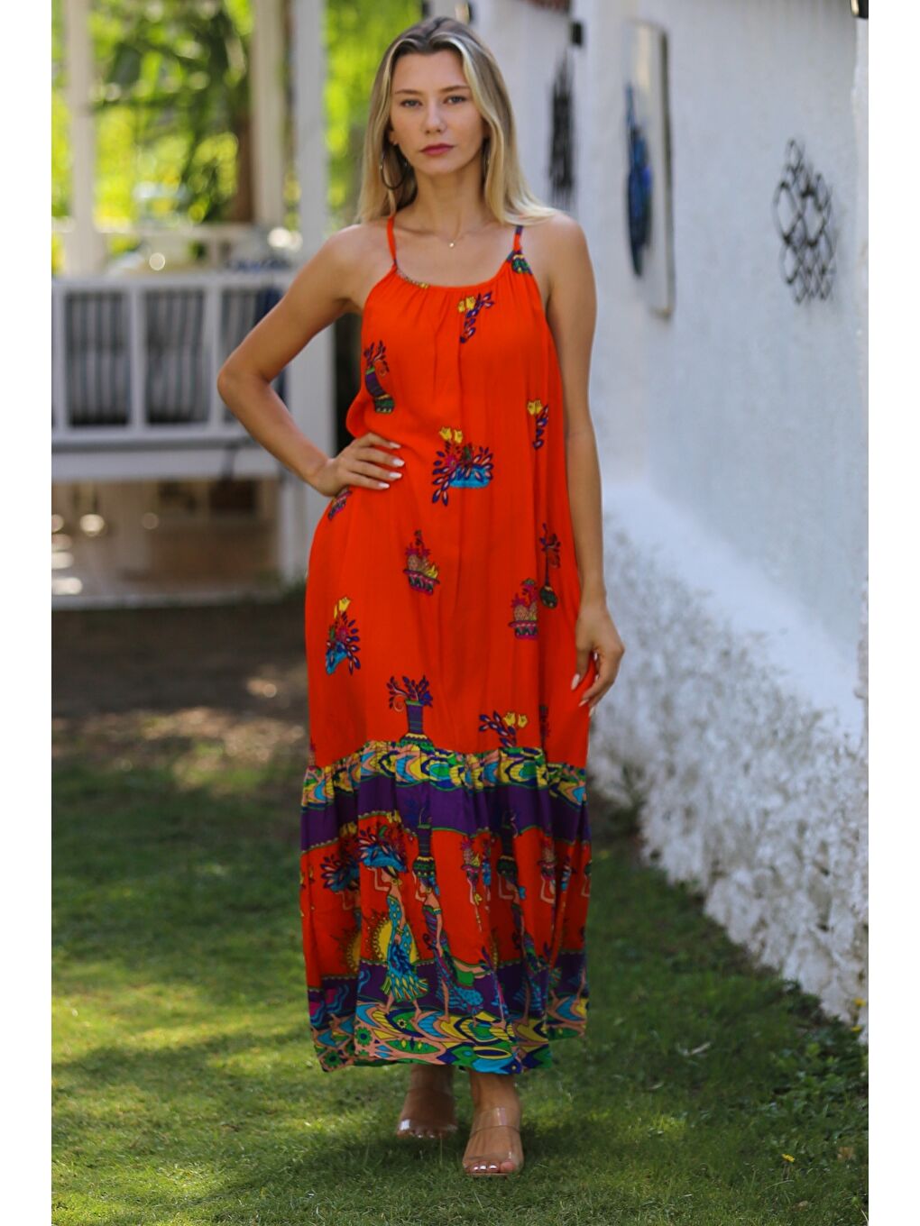 Turuncu Askılı Eteği Fırfırlı Allover Baskılı Dokuma Casual Elbise-6