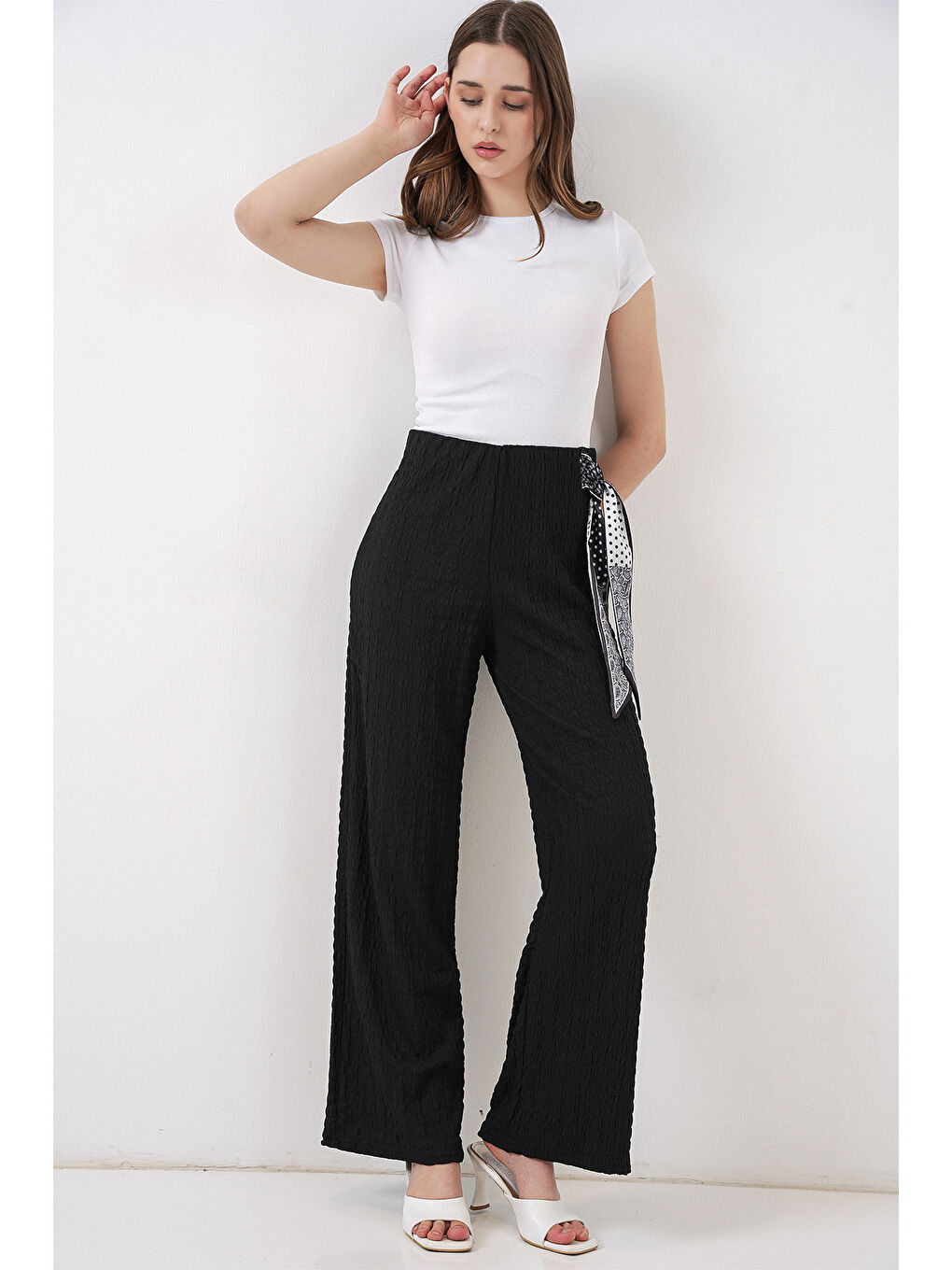 Kadın Fularlı Örme Pantolon 30070 - Siyah