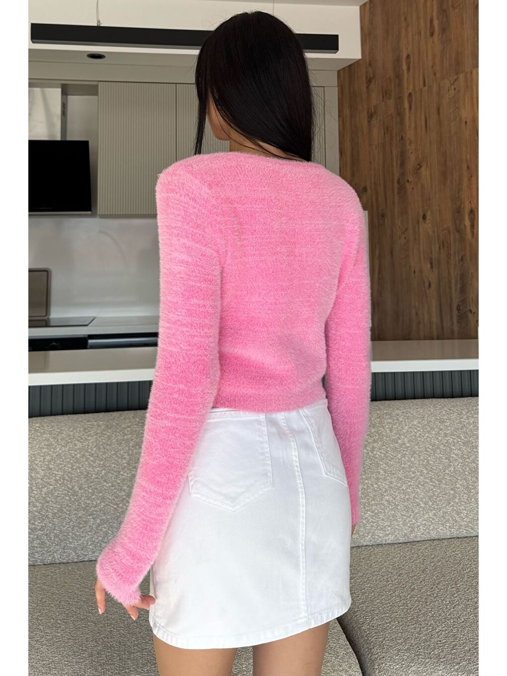 Pembe Şardonlu Kadın Crop Top Triko Hırka (s,m,l,xl Uyumludur)-3